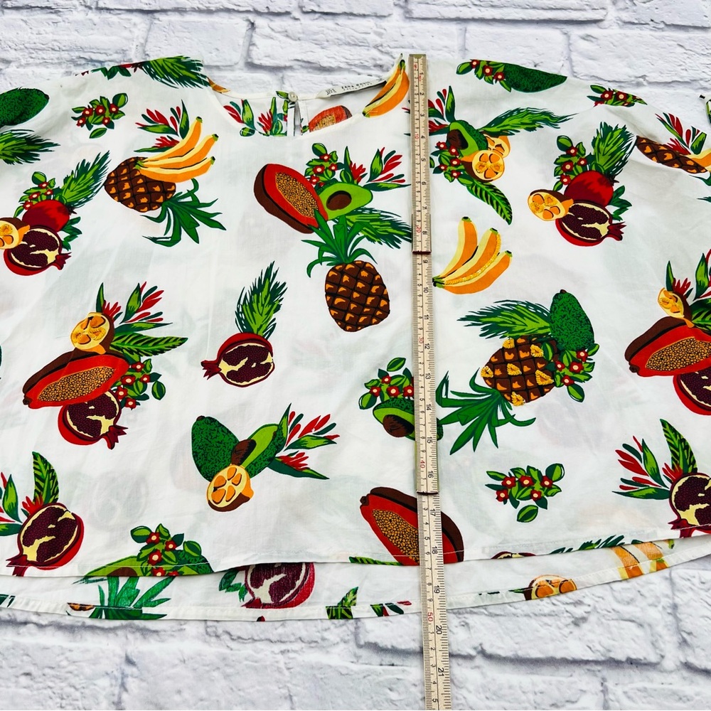 Zara White Cropped Blouse Tropical Fruit Print Medium Bell Sleeve Summer - Picture 5 of 8